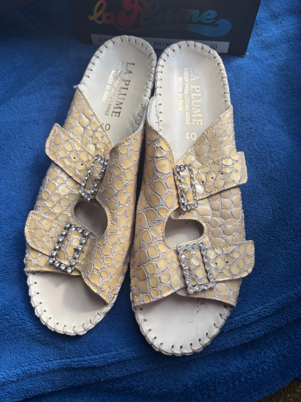 LA PLUME Yellow Embossed Slide Mules with Crystal Buckle Accents